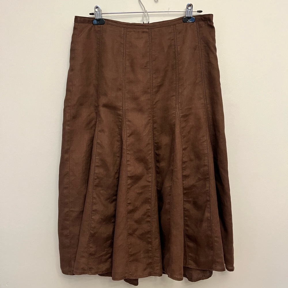 Melanie Lyne Brown Boho Linen A-Line Midi Skirt, Size Large